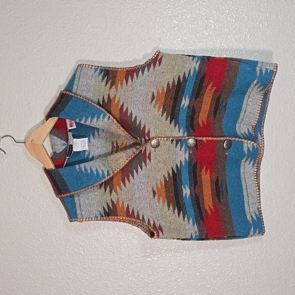 Rhonda Stark Southwestern Patterned Knit Vest in Blue, Red & Tan